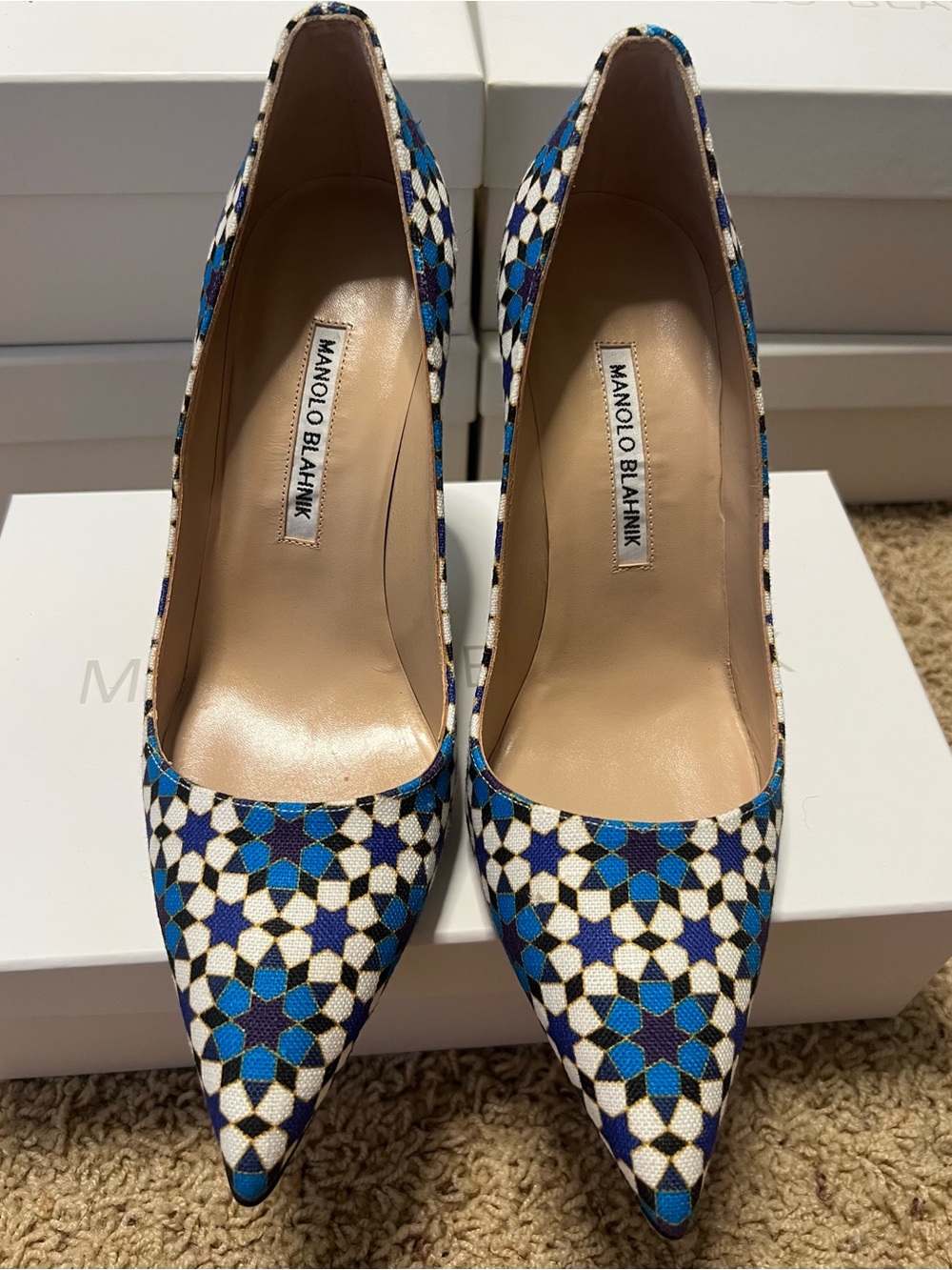 Manolo Blahnik Blue, White & Black Geometric Pointed-Toe Stilettos - Picture 3 of 7